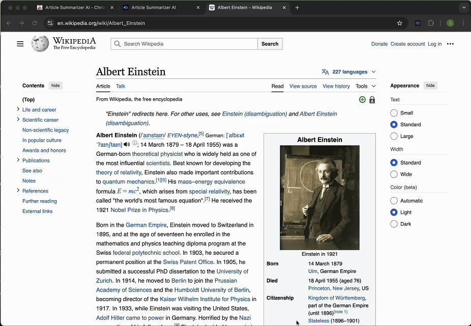 Article Summarizer AI turns the current webpage into a concise summary